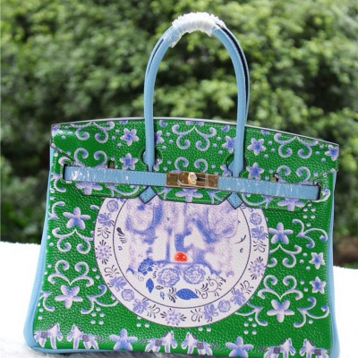 愛馬仕Hermes 新款鉑金包 青花瓷拼色手提單肩包 HB1908-1綠色