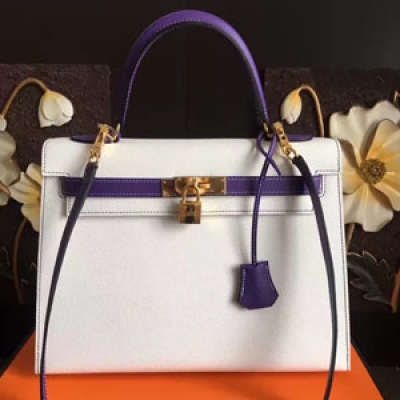 Hermes Kelly32cm 進口原廠Espom皮 白色拼紫色 金扣 精緻品質 高端大氣 手提 斜挎大寶