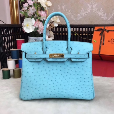 愛馬仕Hermes Birkin 30cm 進口頂級鴕鳥 全手工打造 進口蠟線 原廠五金 【馬卡龍藍】金銀扣每一個環節都力求完美，每一針一線都透著工匠精神！