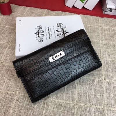 愛馬仕Hermes kelly 錢夾手包 進口頂級鱷魚 全手工打造 進口蠟線 原廠五金 【黑色】銀扣