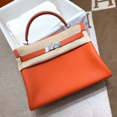 愛馬仕Hermes Kelly 32Cm Togo 93 Orange 橙色 銀扣 頂級工藝 手縫蠟線