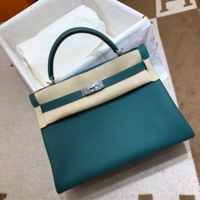 愛馬仕Hermes Kelly 32Cm Togo Z6 Malachite 孔雀綠 銀扣 頂級工藝 手縫蠟線