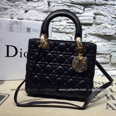 Dior 迪奧 lady戴妃包五格羊金扣皮女包 4551金扣純黑 連代購