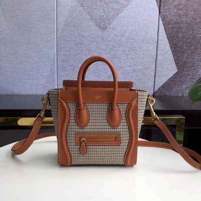 CELINE 笑臉頂級原單Nano LUGGAGE 專櫃最新【黃褐色】花呢拼小牛皮 尺寸size：20x20x10cm 出貨配全套包裝