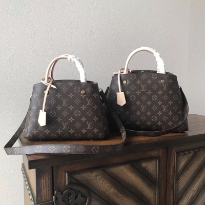 LV複刻版 蒙田小號 M41055 以標誌性 Louis Vuitton Monogram 帆布製成的 路易威登Montaigne BB 手袋將俏皮挺括的外部設計與整齊有序的包內空間結合在一起，是商務包款的理想之選。 這