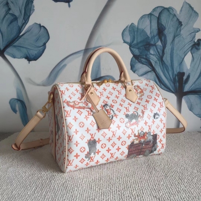 LV路易威登 SKP限定款 最新寵物圖案 Louis Vuitton Speedy 枕頭包 M44400， 注意此款為純鋼亮金色五金釘，動物圖案摸上去會有凸起感！30cm