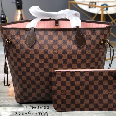 LV LOUIS VUITTON路易威登 頂級原單 經典啡格中號購物袋 N41603啡粉 全鋼五金 極具傳奇色彩的 Neverfull 手袋， 此款是以 Damier Ebène 帆布製成。尺寸: 32x29×17CM