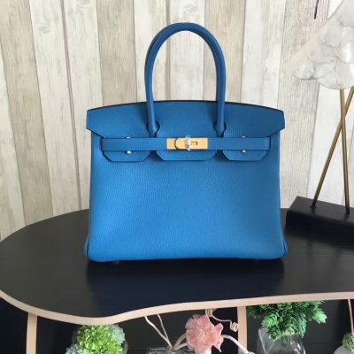 Hermes 愛馬仕 Birkin togo天空藍 30銀扣荔枝紋牛皮高檔手提包 HB19012 藍色