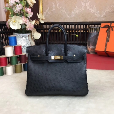 愛馬仕Hermes Birkin 25cm 進口頂級鴕鳥 全手工打造 進口蠟線 原廠五金 【黑色】金扣每一個環節都力求完美，每一針一線都透著工匠精神！