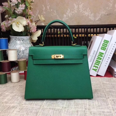 愛馬仕Hermes Kelly 25cm 原廠頂級進口Epsom 配手工蜜蠟線縫製 老工匠手藝 愛馬仕Hermes經典款 【絲絨綠】金扣