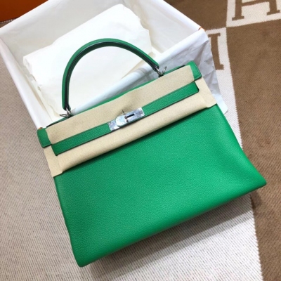 愛馬仕Hermes Kelly 32Cm Togo 1K Bamdou 竹子綠 銀扣 頂級工藝 手縫蠟線