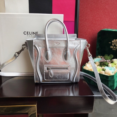 CELINE 笑臉頂級原單Luggage Nano 專櫃最新 銀色 原版牛皮 尺寸size：20x20x10cm 出貨配全套包裝