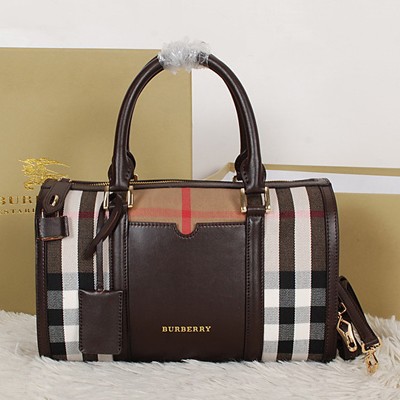 2014新款 Burberry傳統工藝格子保齡球包 巴寶莉手提單肩女包 39039141深咖色