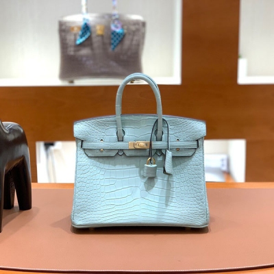 Hermes愛馬仕  美洲鱷 薄荷綠 Birkin BK 鉑金包 25cm 金扣 霧面