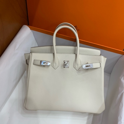 Hermes愛馬仕 Swift 奶昔白 铂金包 Birkin BK25 銀扣