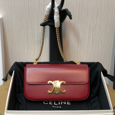 Celine 2024新品 小號亮澤牛皮革鏈條包 金屬鏈條腋下包也很絕 搭配標誌性復古凱旋門鎖扣 貴氣十足 精緻感滿分 又酷又颯 可甜可鹽 容量也不小 手機口紅氣墊鑰匙通通可以放 牛皮革搭配羊皮革襯裡，肩背，搭配全鋼TRIOMPHE 金色鏈