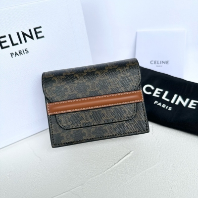 Celine 標誌印花羊皮革名片卡包 黃褐色 尺寸:10×8X3釐米 型號:100242