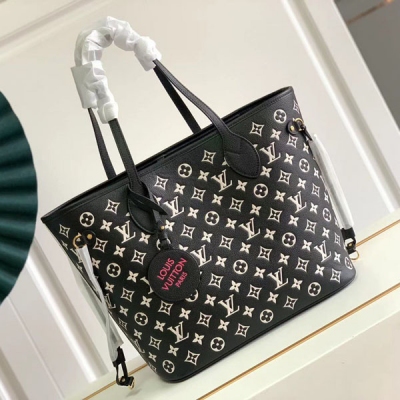 LV路易威登 LOUIS VUITTON LV路易威登 M45686 M46040 2023 春季系列 Neverfull 手袋取材 Monogram Empreinte 皮革，以印花、壓紋和刺繡呈現別致圖案，全皮壓花絲印菱格刺繡購物袋 仿