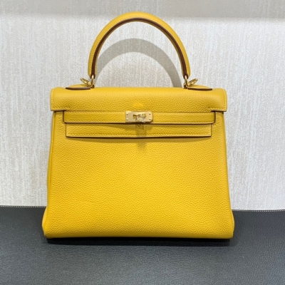 Hermes愛馬仕  Togo 琥珀黃 Kelly 凱莉包 25cm 金扣