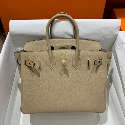 Hermes愛馬仕 Togo 風衣灰 Birkin BK 鉑金包 25cm 金扣